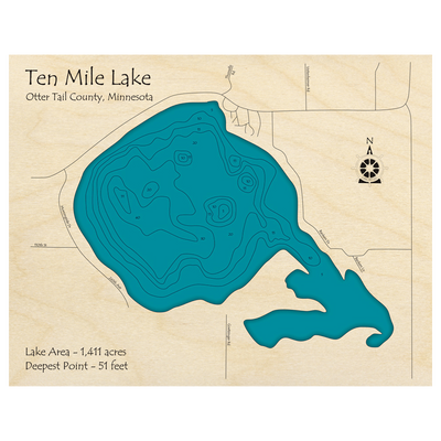 Bathymetric topo map of Ten Mile Lake, MN with roads, towns and depths noted in blue water.