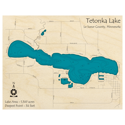 Bathymetric topo map of Tetonka Lake, MN with roads, towns and depths noted in blue water.