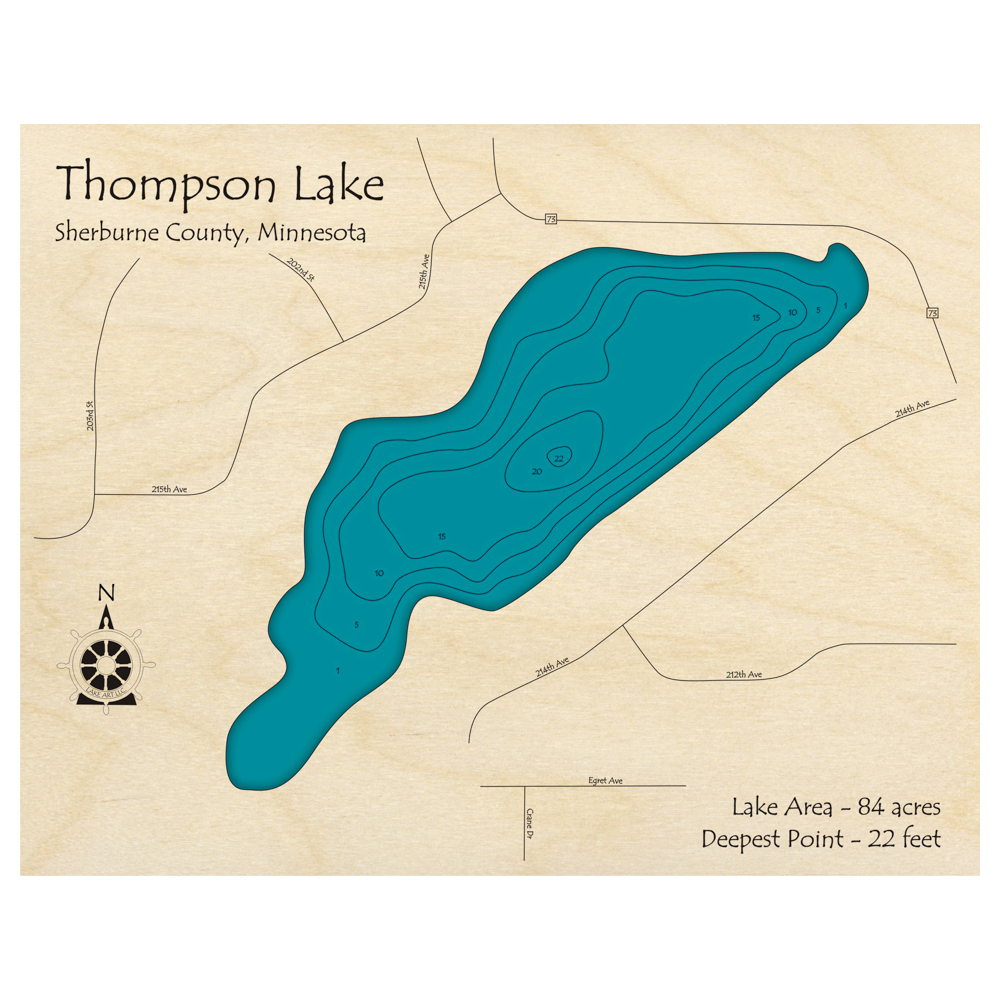 Bathymetric topo map of Thompson Lake, MN with roads, towns and depths noted in blue water.