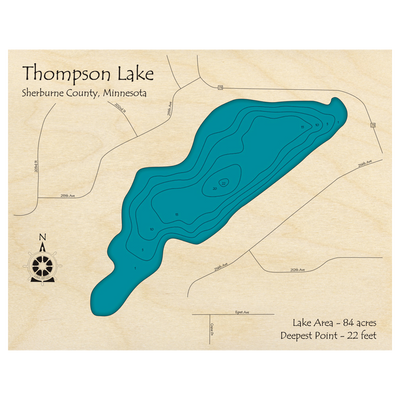 Bathymetric topo map of Thompson Lake, MN with roads, towns and depths noted in blue water.