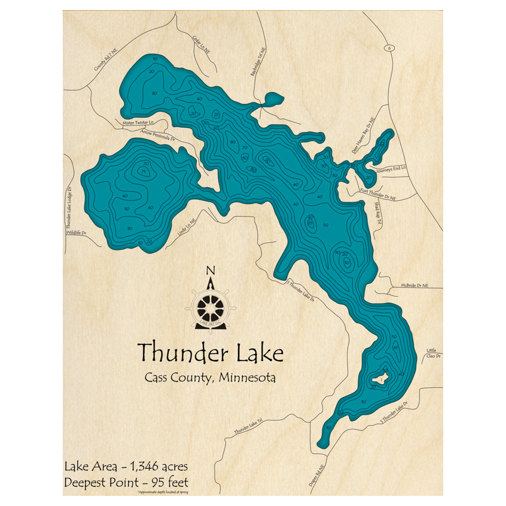Bathymetric topo map of Thunder Lake, MN with roads, towns and depths noted in blue water.