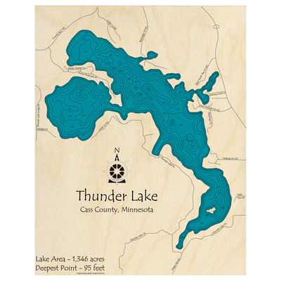 Bathymetric topo map of Thunder Lake, MN with roads, towns and depths noted in blue water.