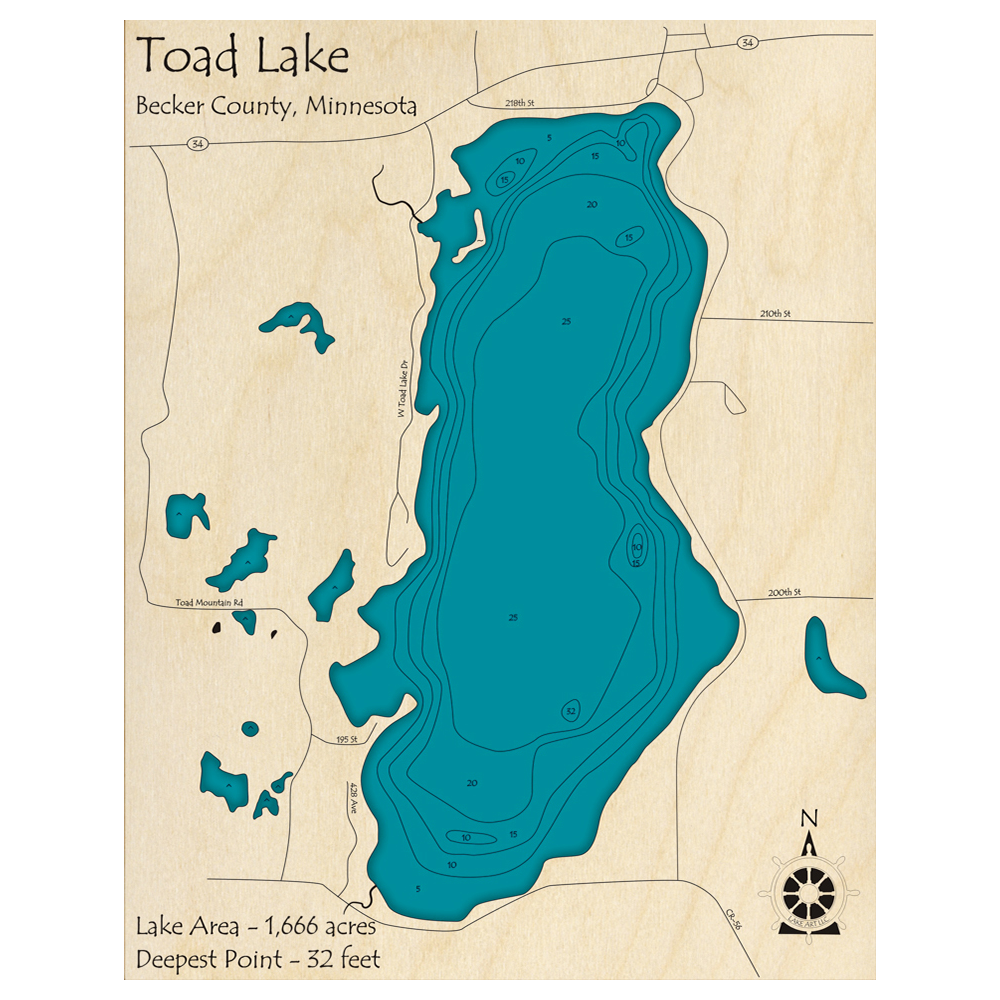 Bathymetric topo map of Toad Lake, MN with roads, towns and depths noted in blue water.