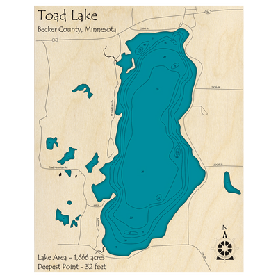 Bathymetric topo map of Toad Lake, MN with roads, towns and depths noted in blue water.