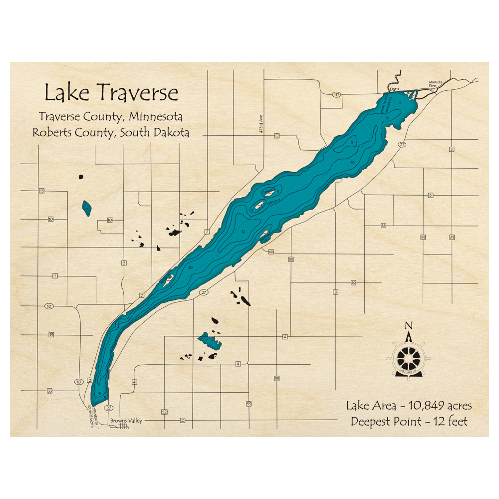 Bathymetric topo map of Lake Traverse (MN, SD) with roads, towns and depths noted in blue water.