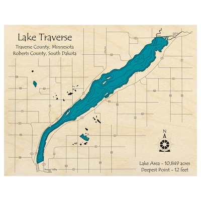 Bathymetric topo map of Lake Traverse (MN, SD) with roads, towns and depths noted in blue water.
