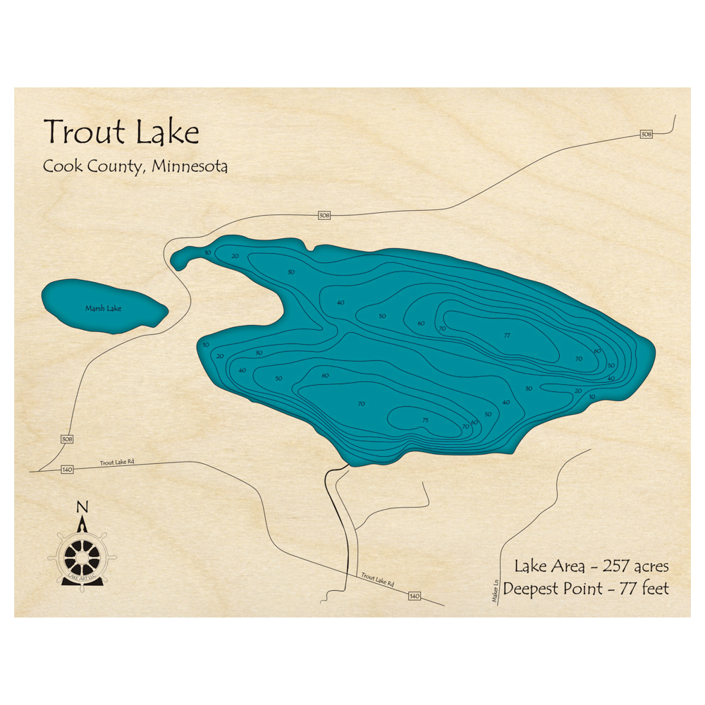 Bathymetric topo map of Trout Lake, MN with roads, towns and depths noted in blue water.