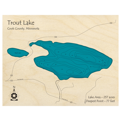Bathymetric topo map of Trout Lake, MN with roads, towns and depths noted in blue water.