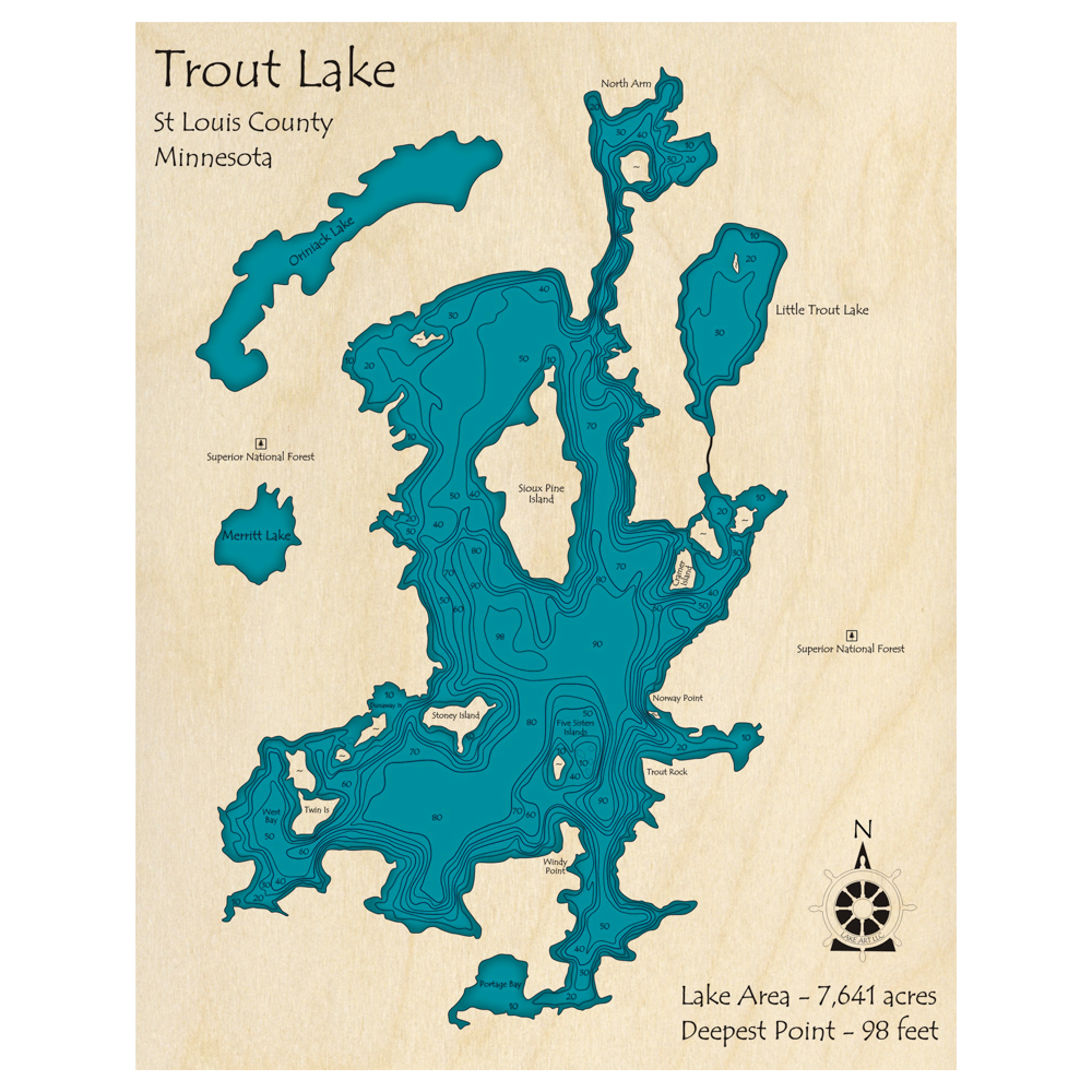 Bathymetric topo map of Trout Lake, MN with roads, towns and depths noted in blue water.