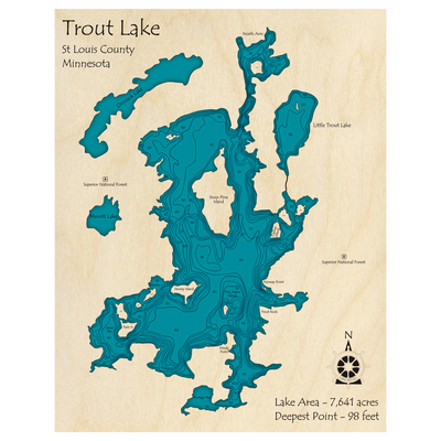 Bathymetric topo map of Trout Lake, MN with roads, towns and depths noted in blue water.