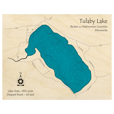 Bathymetric topo map of Tulaby Lake, MN with roads, towns and depths noted in blue water.