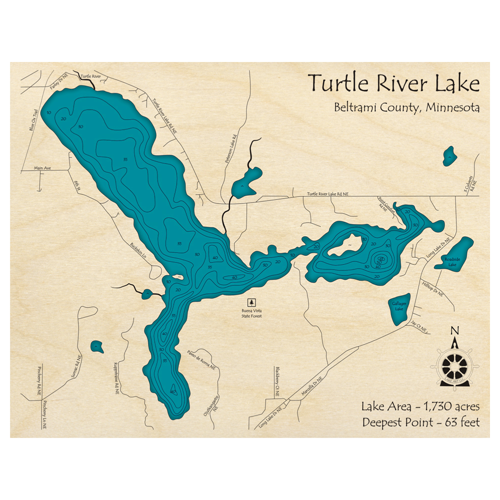 Bathymetric topo map of Turtle River Lake, MN with roads, towns and depths noted in blue water.