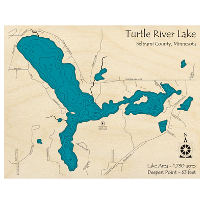 Bathymetric topo map of Turtle River Lake, MN with roads, towns and depths noted in blue water.