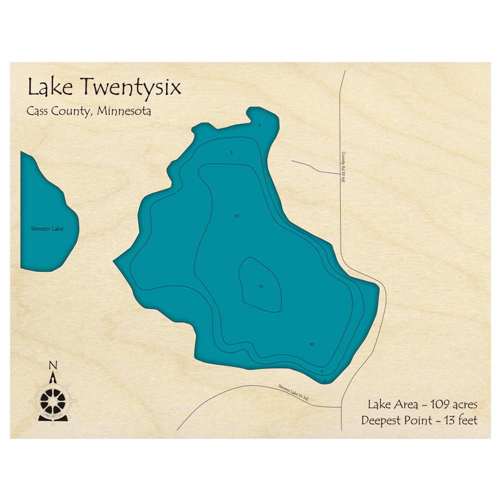 Bathymetric topo map of Lake Twentysix, MN with roads, towns and depths noted in blue water.