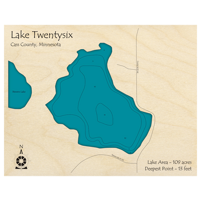 Bathymetric topo map of Lake Twentysix, MN with roads, towns and depths noted in blue water.