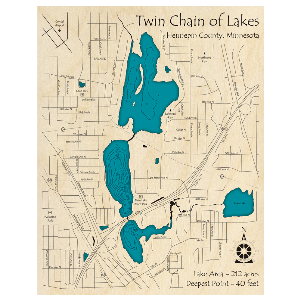 Bathymetric topo map of Twin Chain of Lakes, MN with roads, towns and depths noted in blue water.