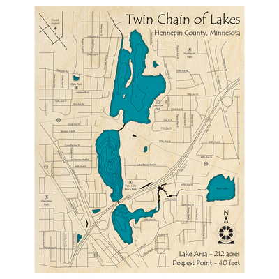 Bathymetric topo map of Twin Chain of Lakes, MN with roads, towns and depths noted in blue water.