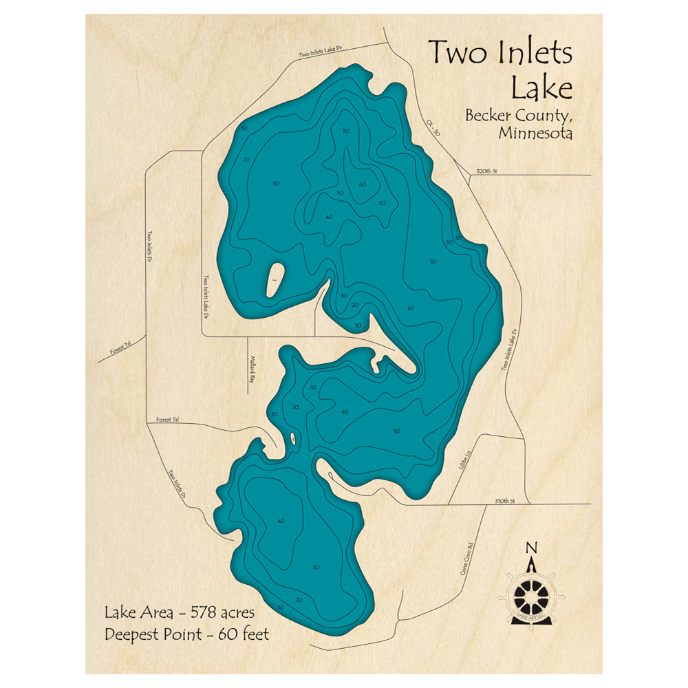 Bathymetric topo map of Two Inlets Lake, MN with roads, towns and depths noted in blue water.