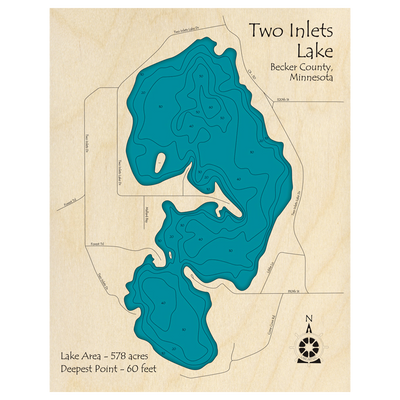 Bathymetric topo map of Two Inlets Lake, MN with roads, towns and depths noted in blue water.