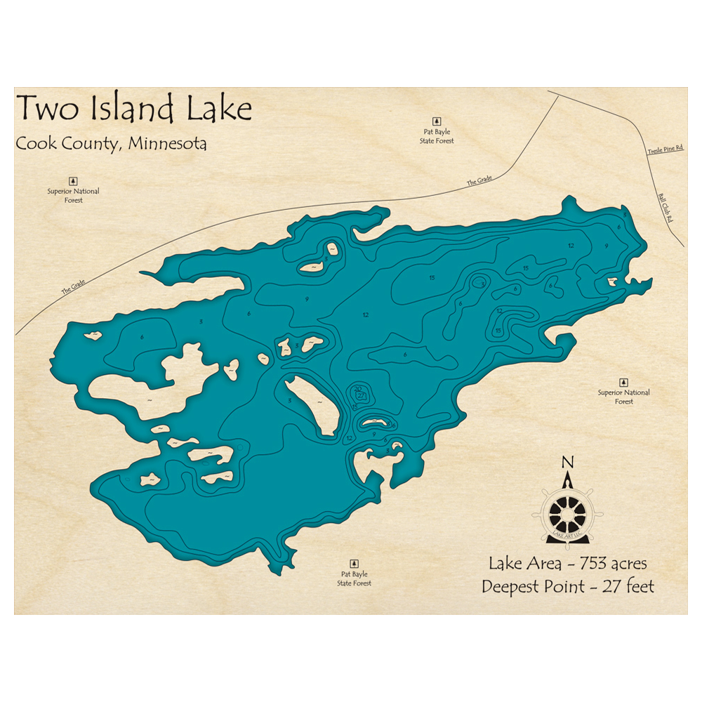 Bathymetric topo map of Two Island Lake, MN with roads, towns and depths noted in blue water.