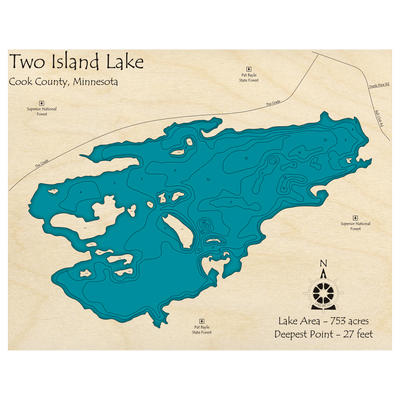 Bathymetric topo map of Two Island Lake, MN with roads, towns and depths noted in blue water.