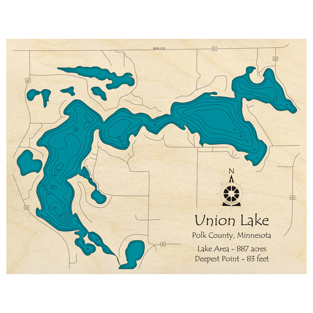 Bathymetric topo map of Union Lake, MN with roads, towns and depths noted in blue water.