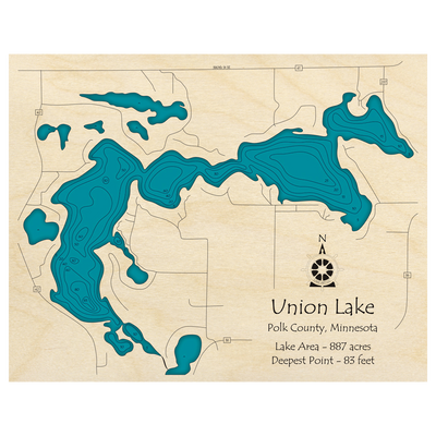 Bathymetric topo map of Union Lake, MN with roads, towns and depths noted in blue water.