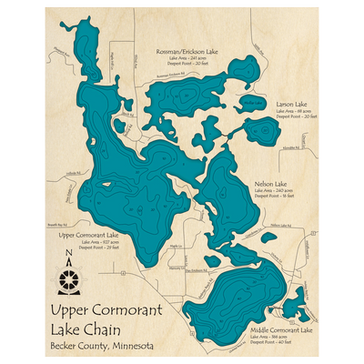 Bathymetric topo map of Upper Cormorant Lake Chain, MN with roads, towns and depths noted in blue water.