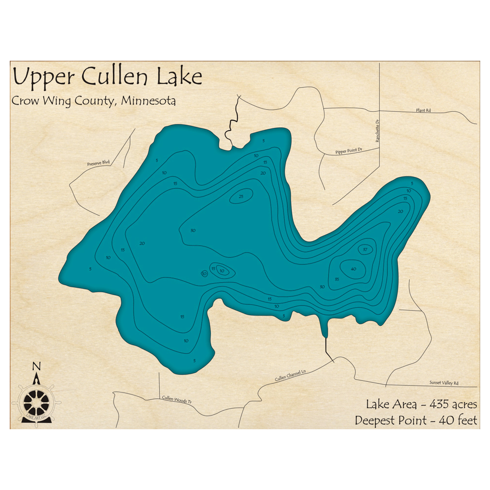 Bathymetric topo map of Cullen Lake, MN with roads, towns and depths noted in blue water.
