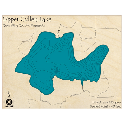 Bathymetric topo map of Cullen Lake, MN with roads, towns and depths noted in blue water.