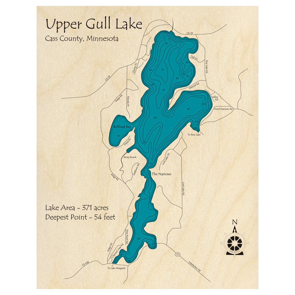 Bathymetric topo map of Upper Gull Lake, MN with roads, towns and depths noted in blue water.