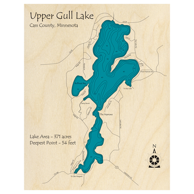 Bathymetric topo map of Upper Gull Lake, MN with roads, towns and depths noted in blue water.
