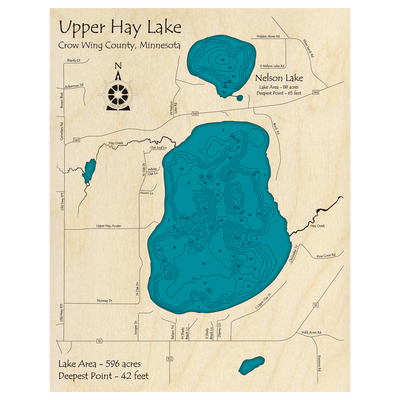 Bathymetric topo map of Hay Lake, MN with roads, towns and depths noted in blue water.