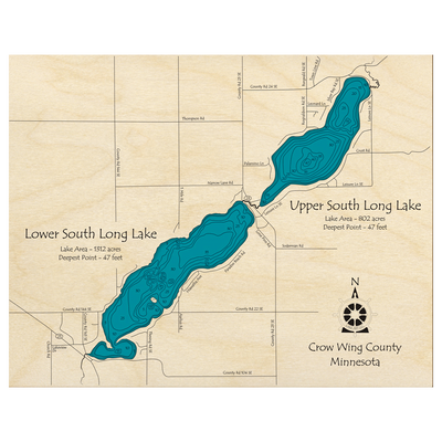 Bathymetric topo map of Upper and Lower South Long Lake, MN with roads, towns and depths noted in blue water.