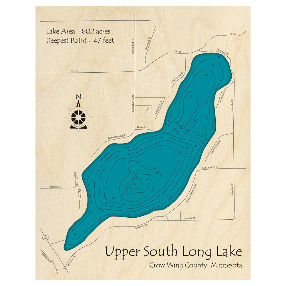 Bathymetric topo map of Upper South Long Lake, MN with roads, towns and depths noted in blue water.