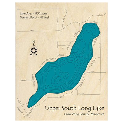 Bathymetric topo map of Upper South Long Lake, MN with roads, towns and depths noted in blue water.