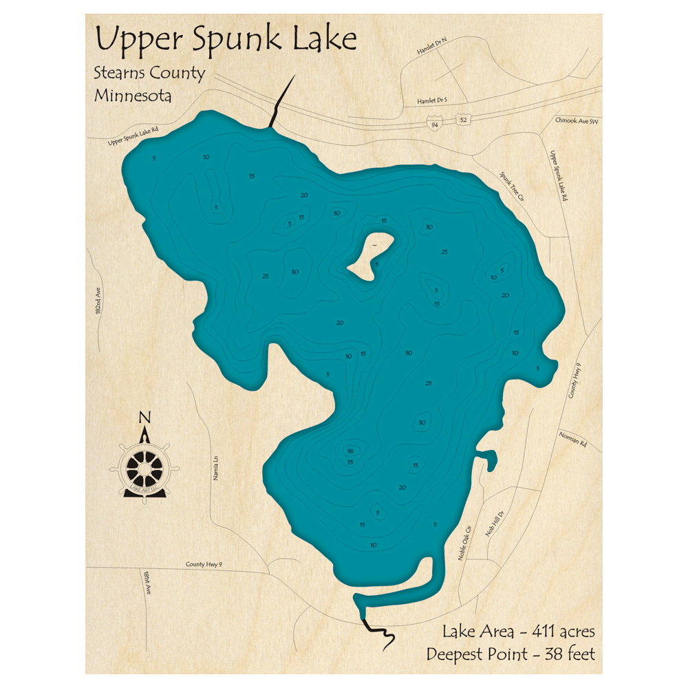 Bathymetric topo map of Upper Spunk Lake, MN with roads, towns and depths noted in blue water.
