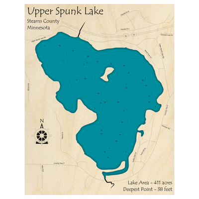 Bathymetric topo map of Upper Spunk Lake, MN with roads, towns and depths noted in blue water.
