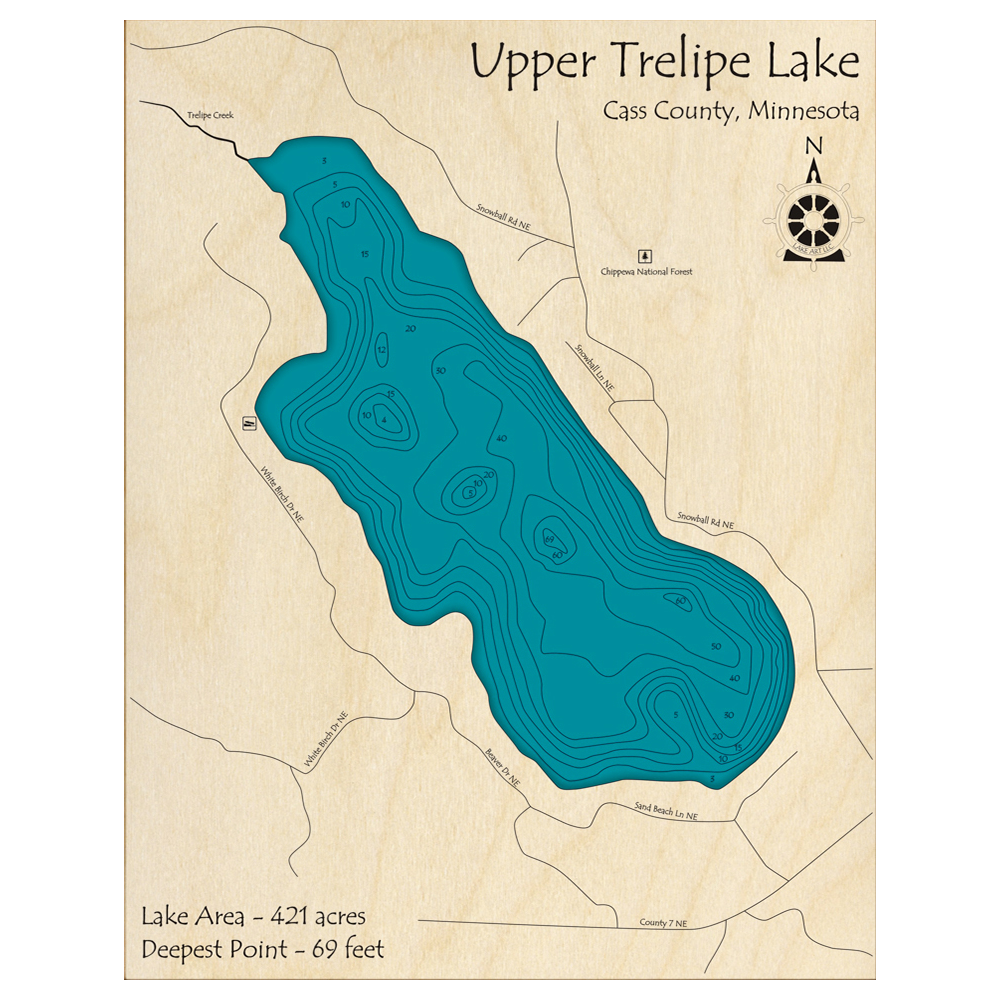 Bathymetric topo map of Upper Trelipe Lake, MN with roads, towns and depths noted in blue water.