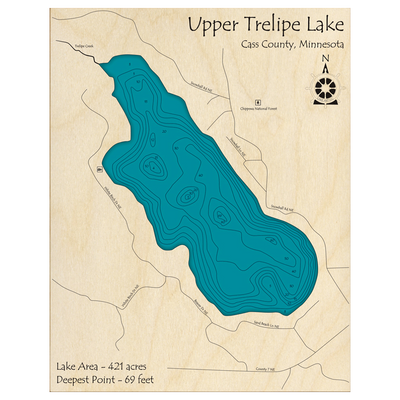 Bathymetric topo map of Upper Trelipe Lake, MN with roads, towns and depths noted in blue water.