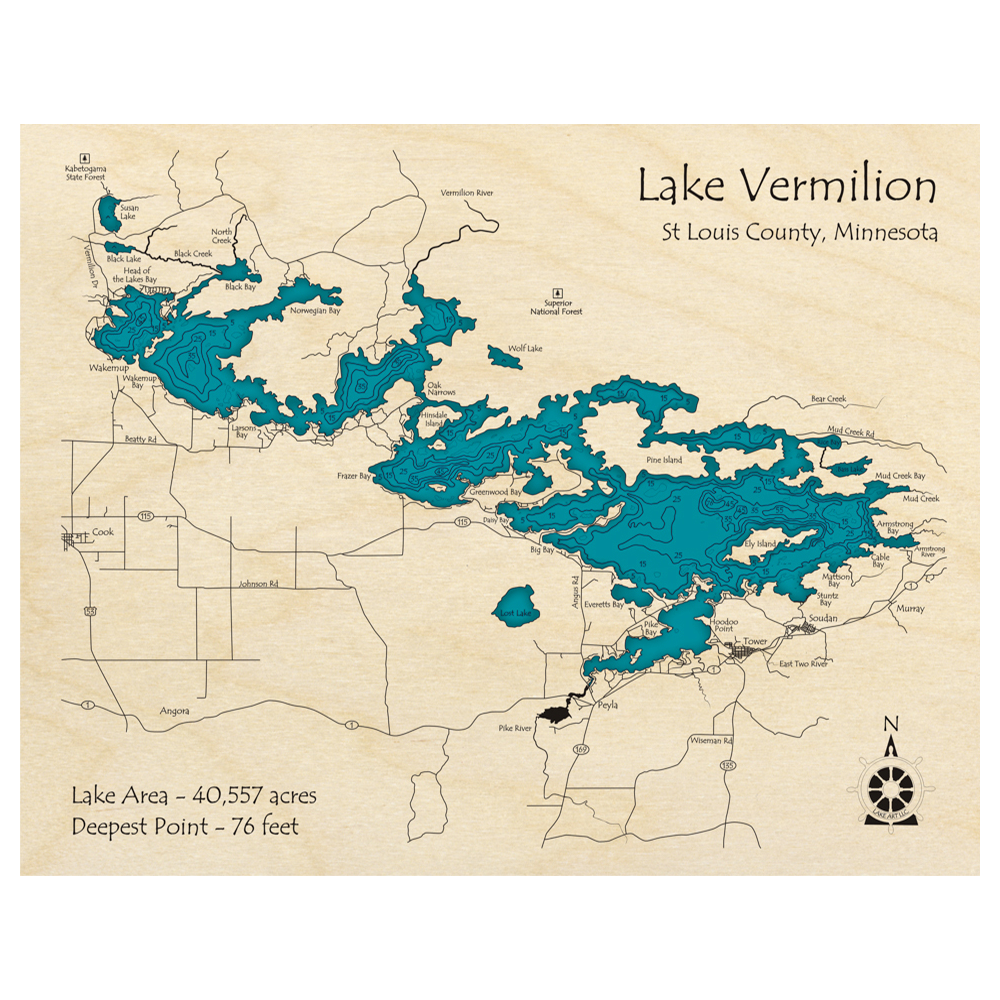 Bathymetric topo map of Lake Vermilion, MN with roads, towns and depths noted in blue water.