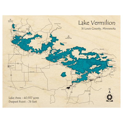 Bathymetric topo map of Lake Vermilion, MN with roads, towns and depths noted in blue water.
