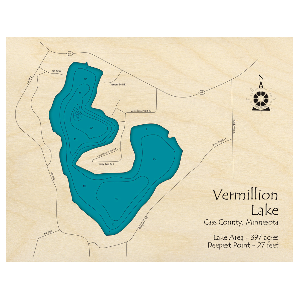 Bathymetric topo map of Vermillion Lake, MN with roads, towns and depths noted in blue water.