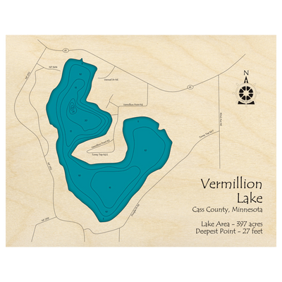 Bathymetric topo map of Vermillion Lake, MN with roads, towns and depths noted in blue water.