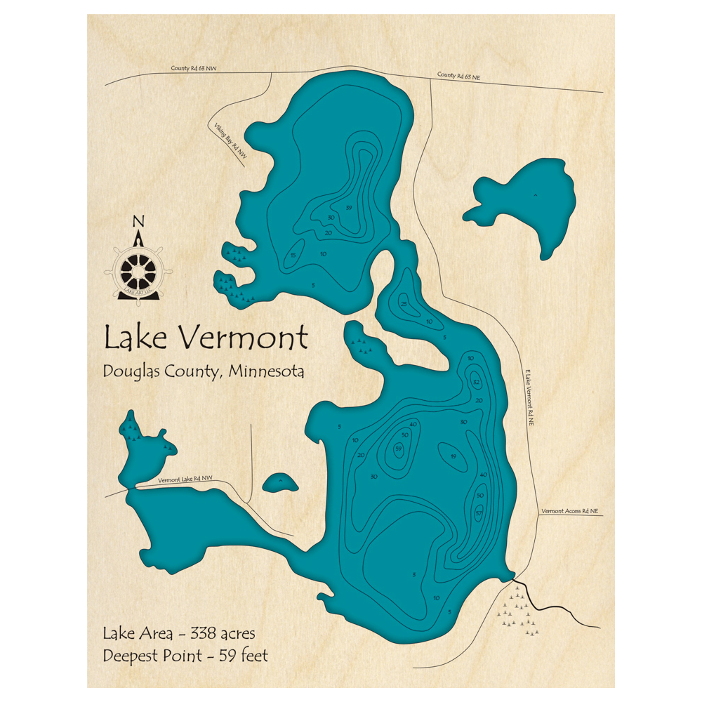 Bathymetric topo map of Lake Vermont, MN with roads, towns and depths noted in blue water.