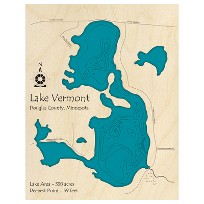 Bathymetric topo map of Lake Vermont, MN with roads, towns and depths noted in blue water.