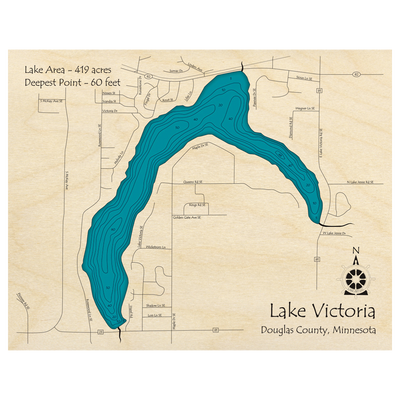 Bathymetric topo map of Lake Victoria, MN with roads, towns and depths noted in blue water.