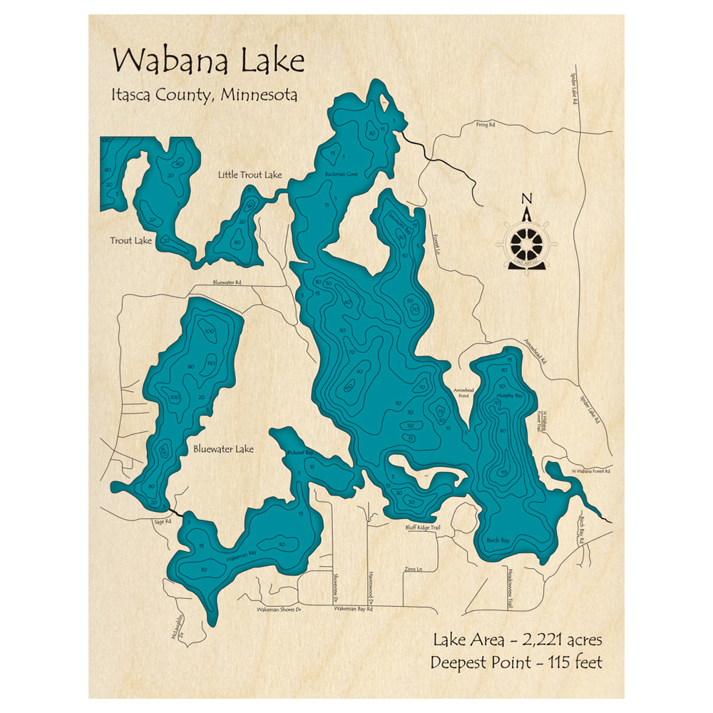 Bathymetric topo map of Wabana Lake, MN with roads, towns and depths noted in blue water.