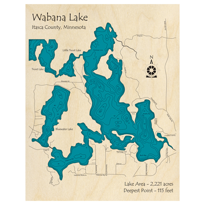 Bathymetric topo map of Wabana Lake, MN with roads, towns and depths noted in blue water.