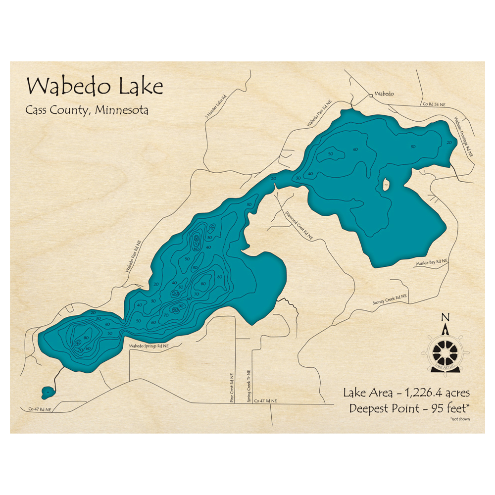 Bathymetric topo map of Wabedo Lake, MN with roads, towns and depths noted in blue water.